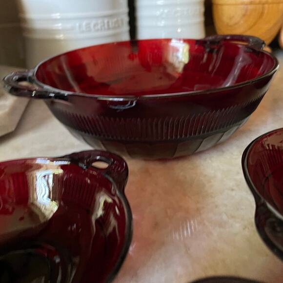 Vtg Coronation-Royal Ruby Handled Salad 7 PC Set Anchor Hocking Depression Glass - Picture 3 of 11